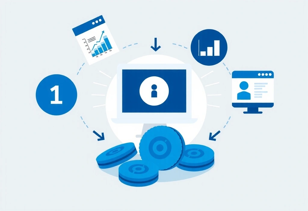 Cookies and tracking technology illustration showing browser cookies, analytics, and user tracking