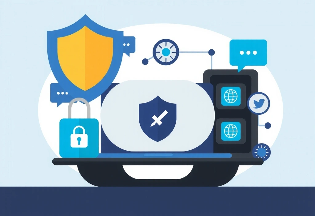 Data security illustration showing shields, locks, and cybersecurity elements