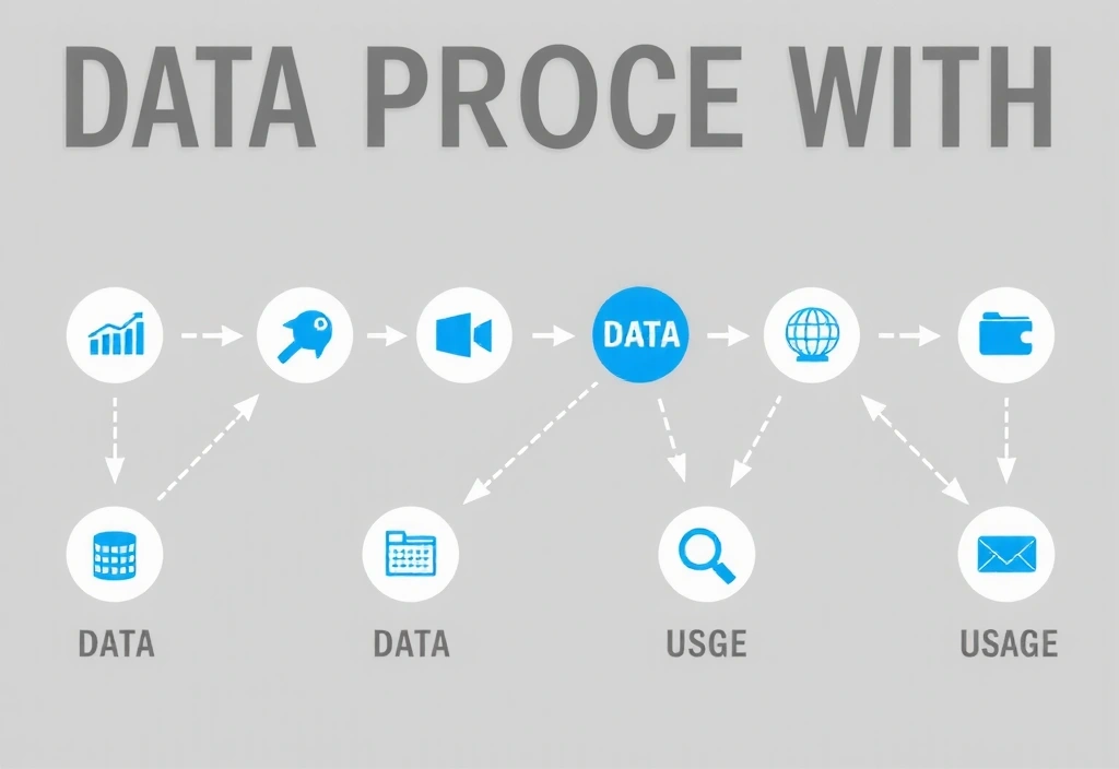 Data processing and usage infographic showing connected nodes and information flow